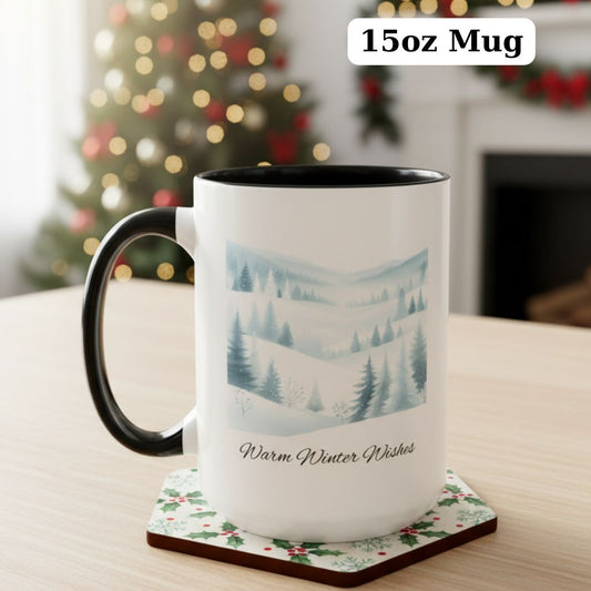 Red-handled 11oz Christmas mug featuring winter landscape and festive initial design. Free Shipping