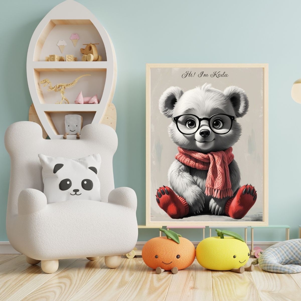 "Digital art of a baby brown bear for woodland nursery theme."
