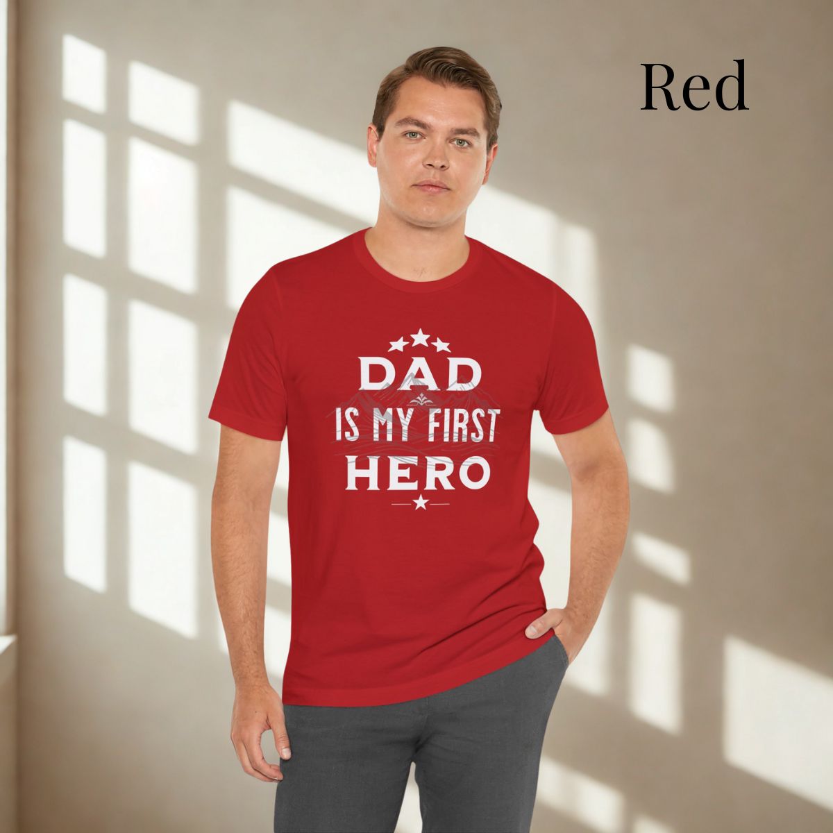 Father's Day gift idea: 'Dad Is My First Hero' t-shirt in different colors.