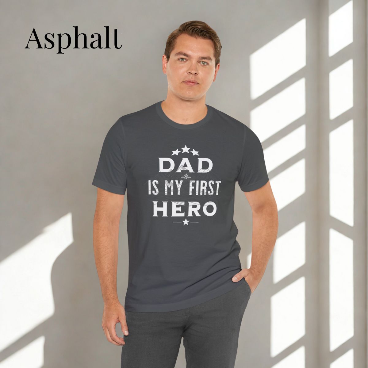 Father's Day gift idea: 'Dad Is My First Hero' t-shirt in different colors.