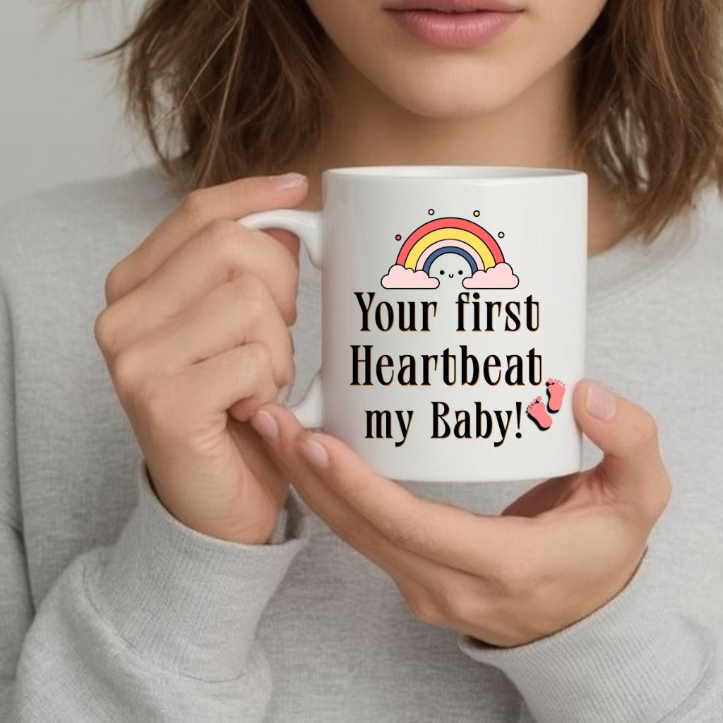 Customizable mug shown in hands, featuring a photo of a baby and loving message, in a soft and cozy setting.