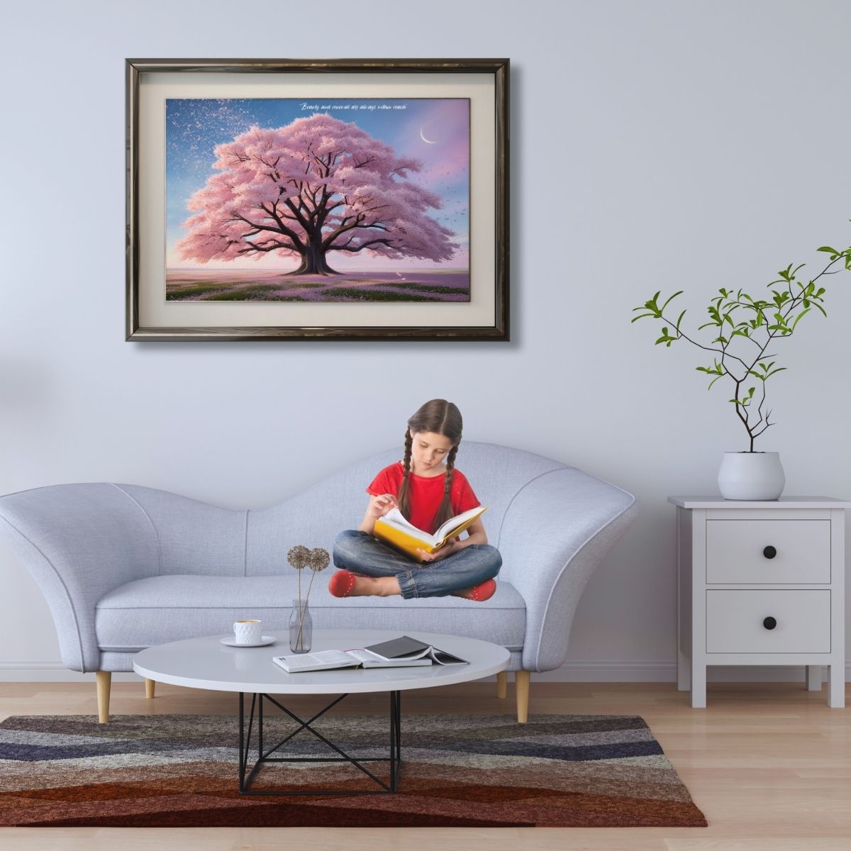Tranquil spring scenery featuring a majestic cherry tree, printable artwork.