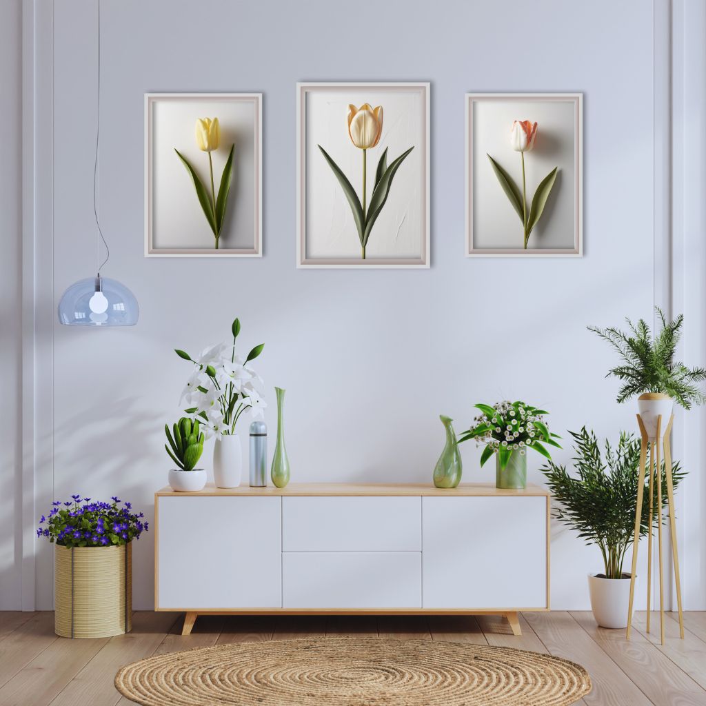 Decorative poster with three tulips, ideal for modern interiors.
