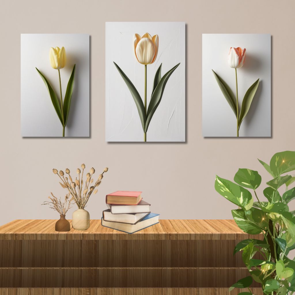 Minimalist digital illustration of three tulips on a neutral background.