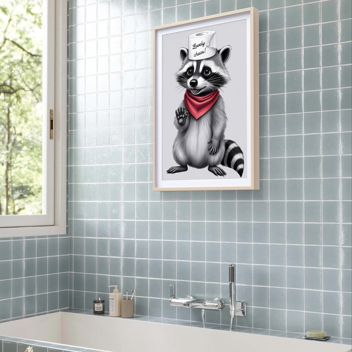 Printable digital bathroom wall art - raccoon illustration with toilet paper hat