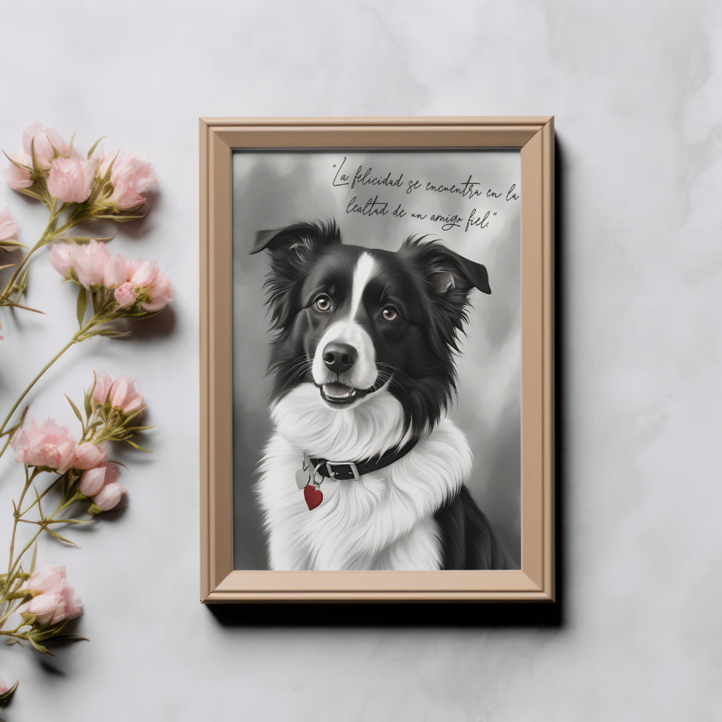 Black and white illustration of a Border Collie, ideal for animal lovers. Printable digital wall art for home decor.