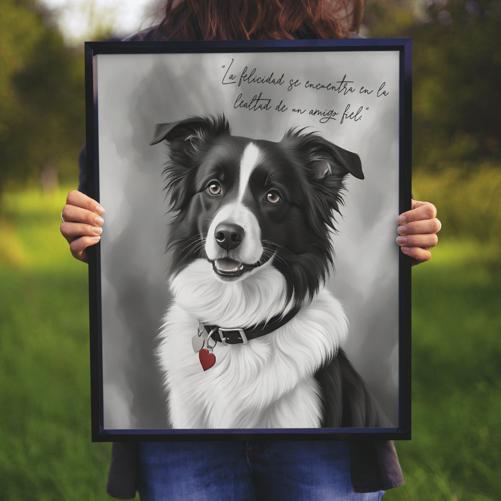 Custom pet portrait of a Border Collie in black and white, great for kids' nurseries and animal art lovers. Digital download.