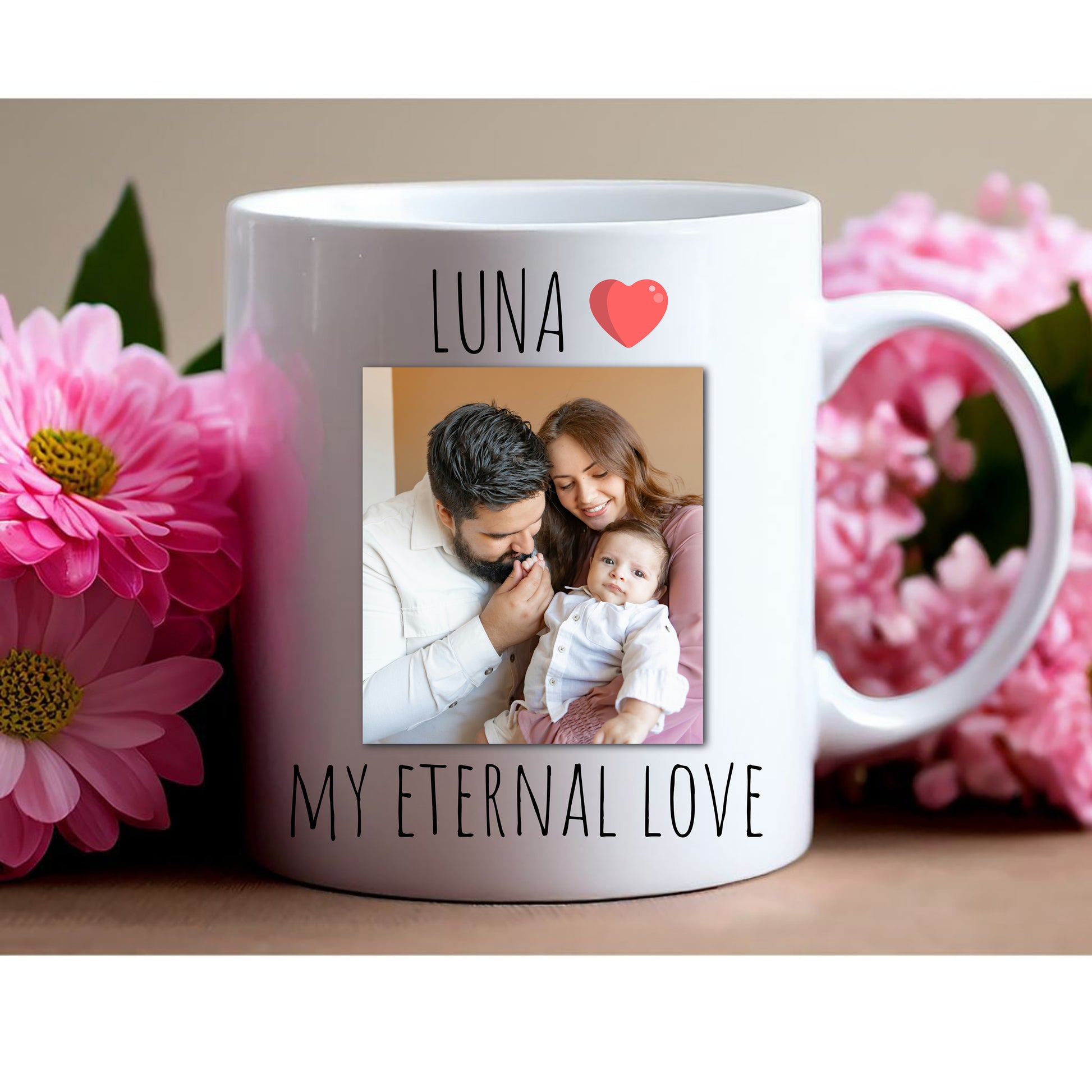 Personalized ceramic coffee mug featuring the touching caption, “Luna my eternal love”.