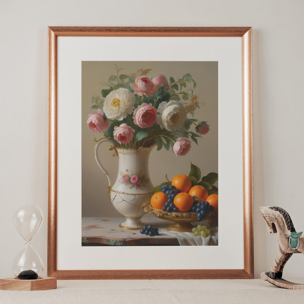 A framed print featuring a vintage vase filled with flowers and fruit, perfect for home decor and gifts for flower lovers.