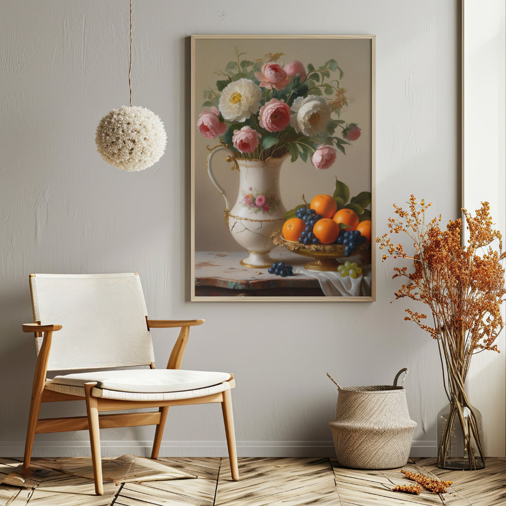 A lovely vintage artwork showing flowers and fruit in a vase, suitable for wall decor and as a gift for flower lovers.