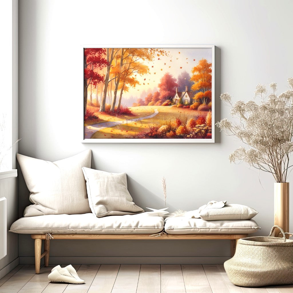 Illustration of a landscape painted in oil with a vintage and nostalgic feel. Printable landscape wall art.