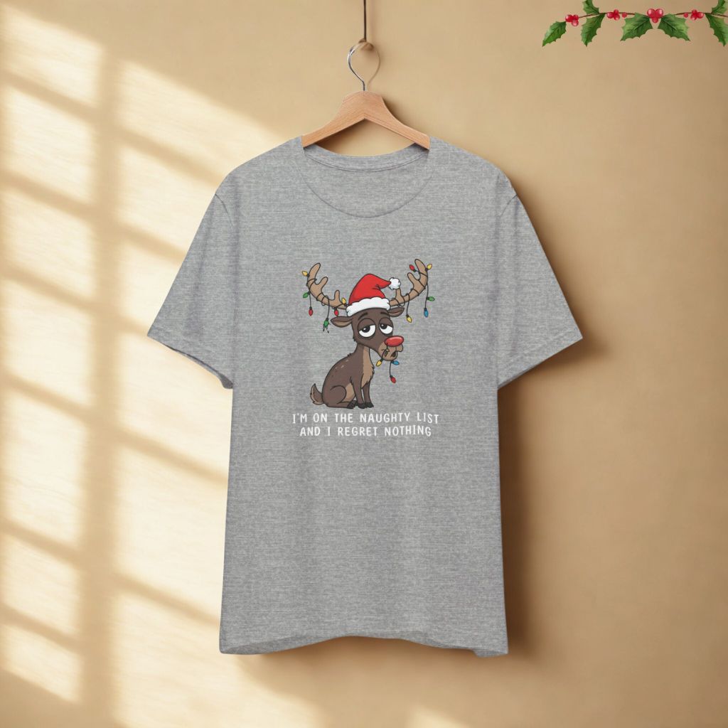 I’m on the Naughty List and I Regret Nothing funny Christmas t-shirt in athletic heather color displayed on hanger against neutral background.