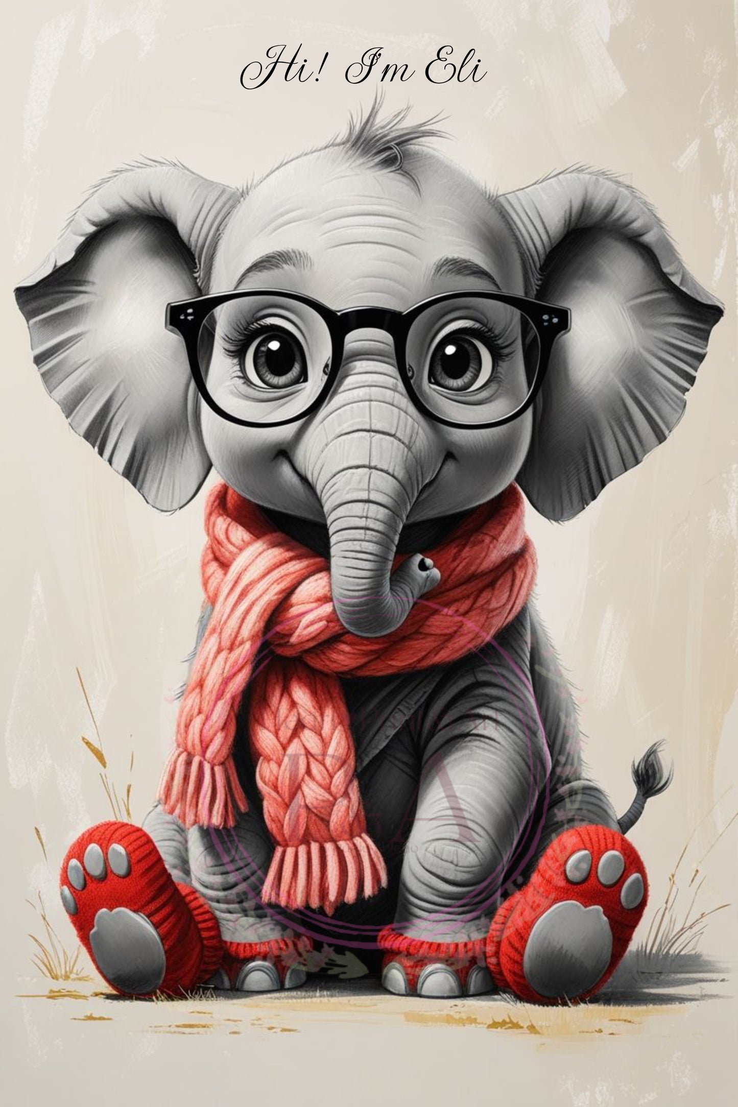 "High-resolution elephant printable wall art in neutral pastel background."

