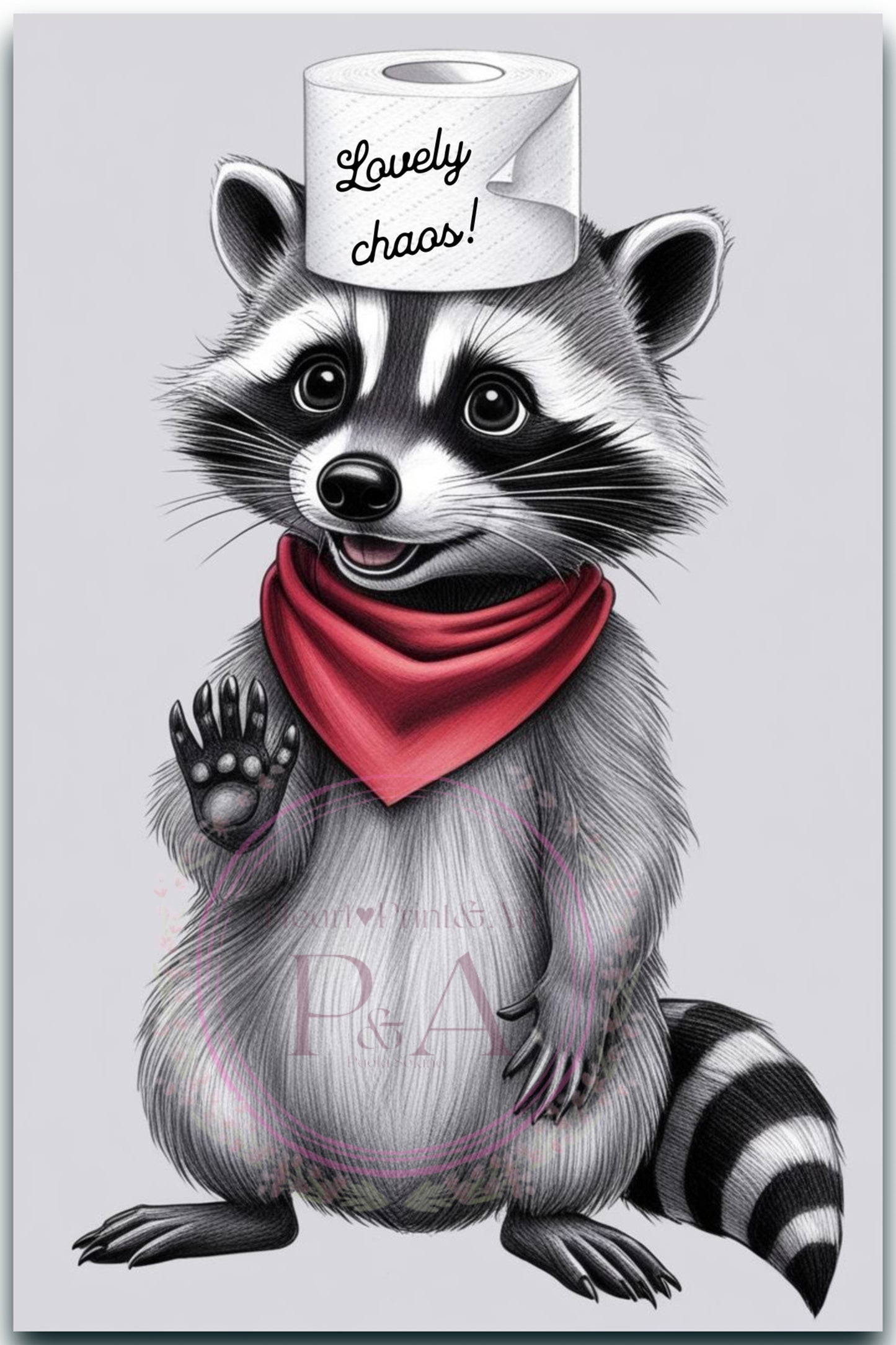 Printable digital bathroom wall art - raccoon illustration with toilet paper hat