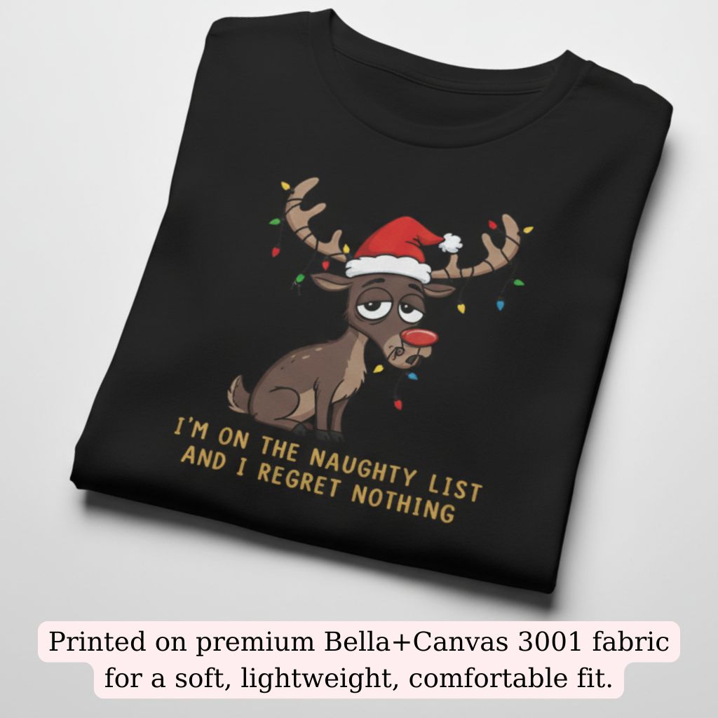 Christmas t-shirt with a tired, grumpy reindeer illustration and humorous holiday text, shown as a folded shirt product image.