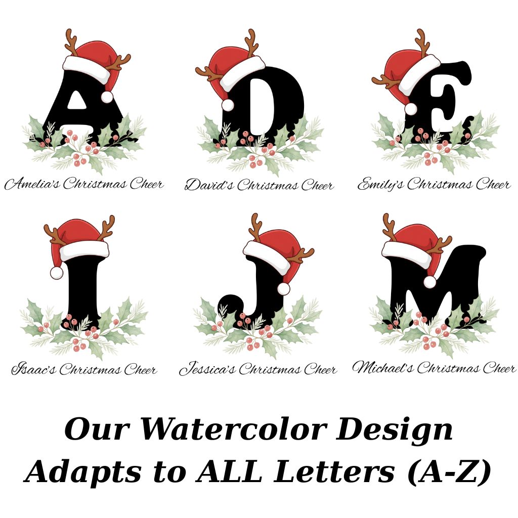 Christmas watercolor initial designs A–Z displayed in a grid, each letter decorated with a Santa hat, holly leaves, and berries, showcasing how the personalized artwork adapts to all alphabet letters.