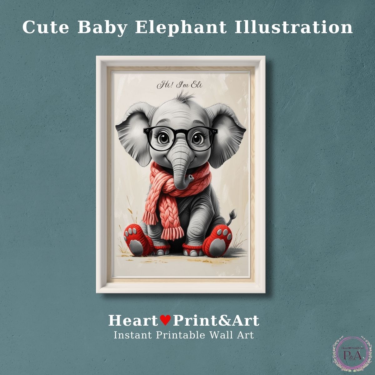 "Digital nursery wall art of a cute baby elephant sitting with soft gray tones."