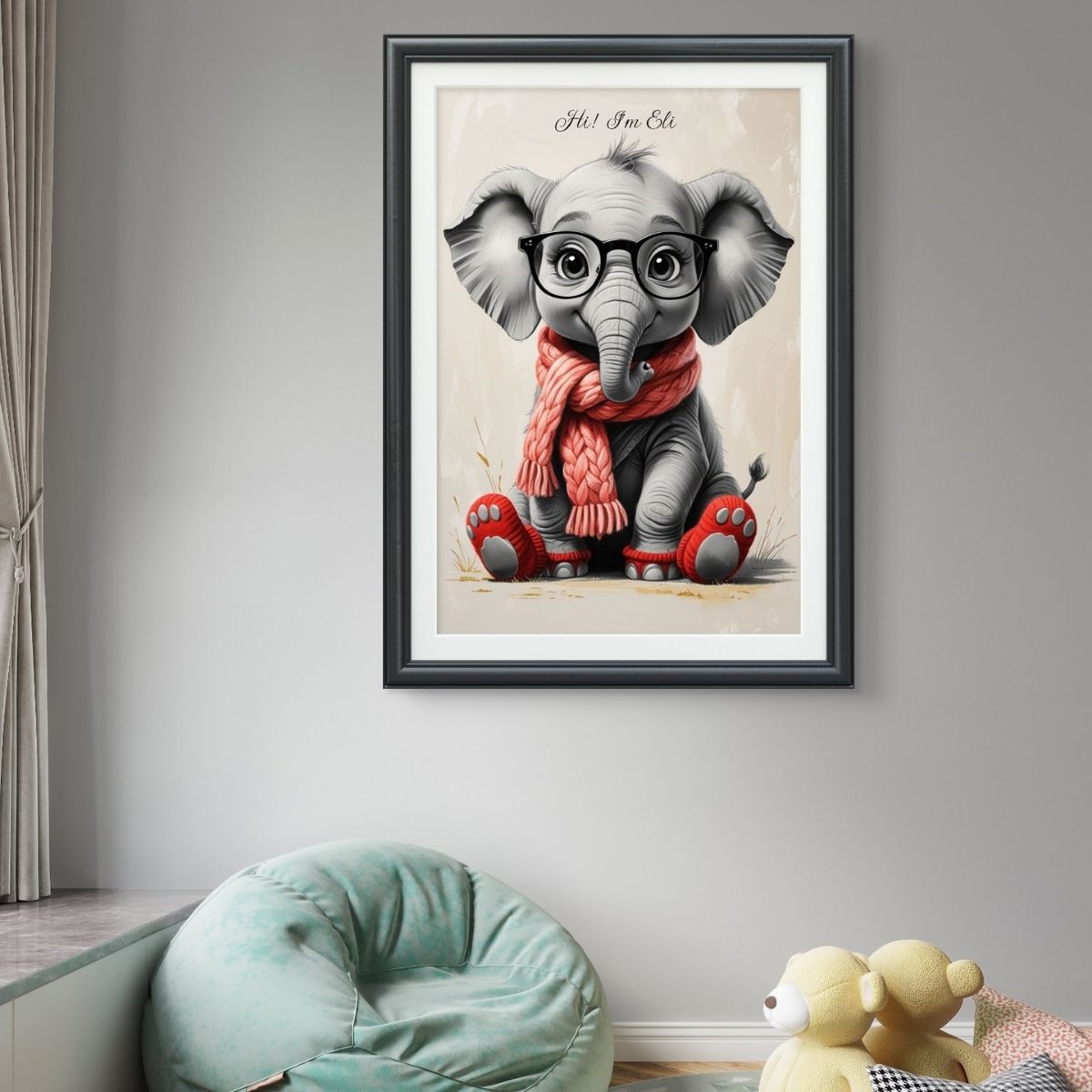 "Adorable baby elephant art in Nordic boho style, perfect for modern nurseries."
