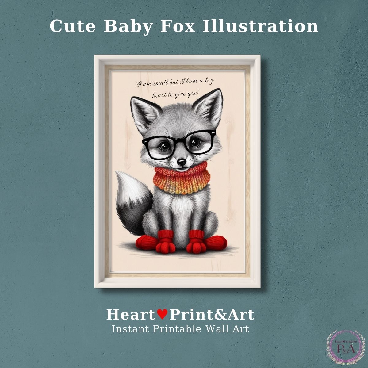 A cute baby fox wearing glasses and a colorful knitted scarf, paired with a heartwarming quote about having a big heart.