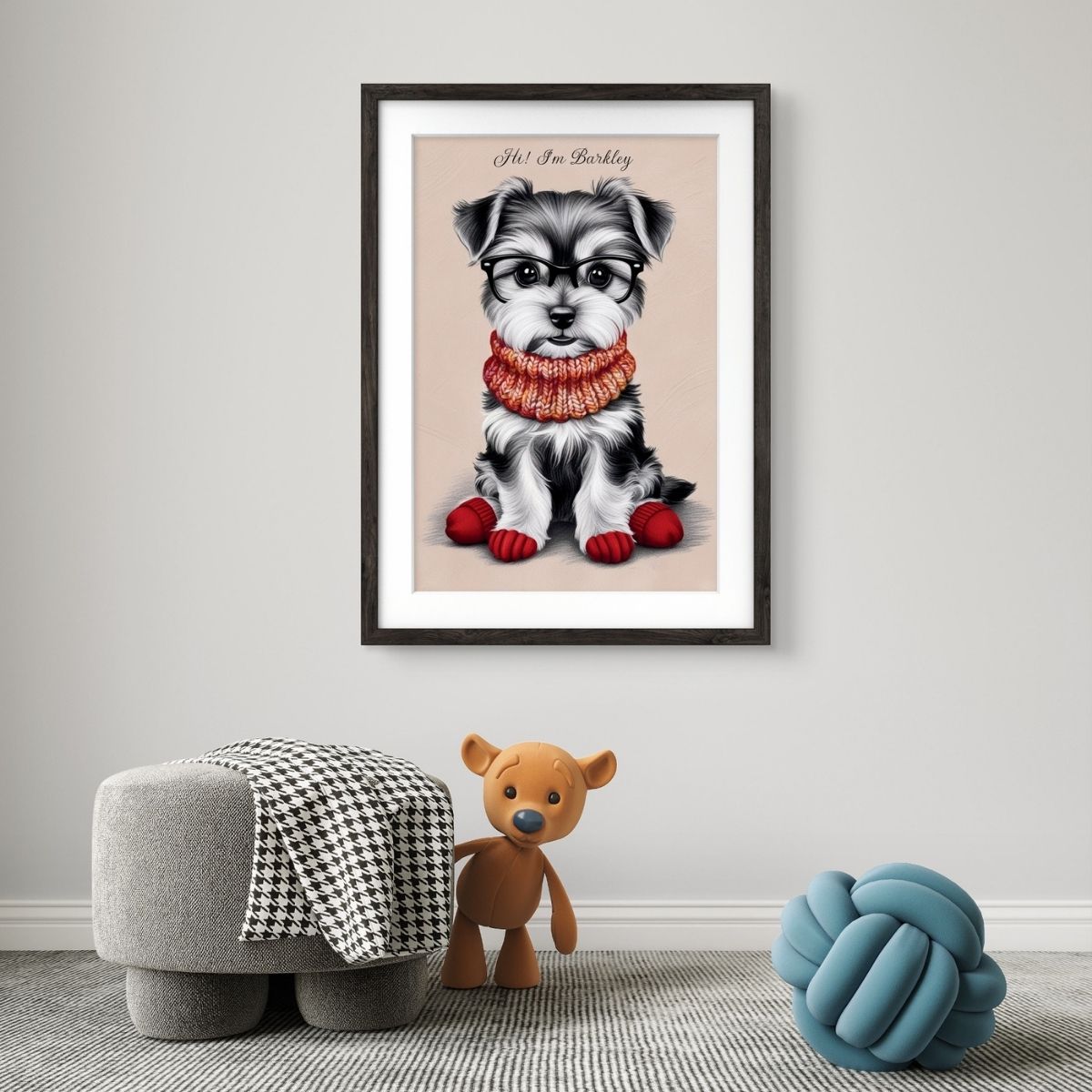 "Cute Yorkie puppy art print in minimalist boho style for pet lovers."