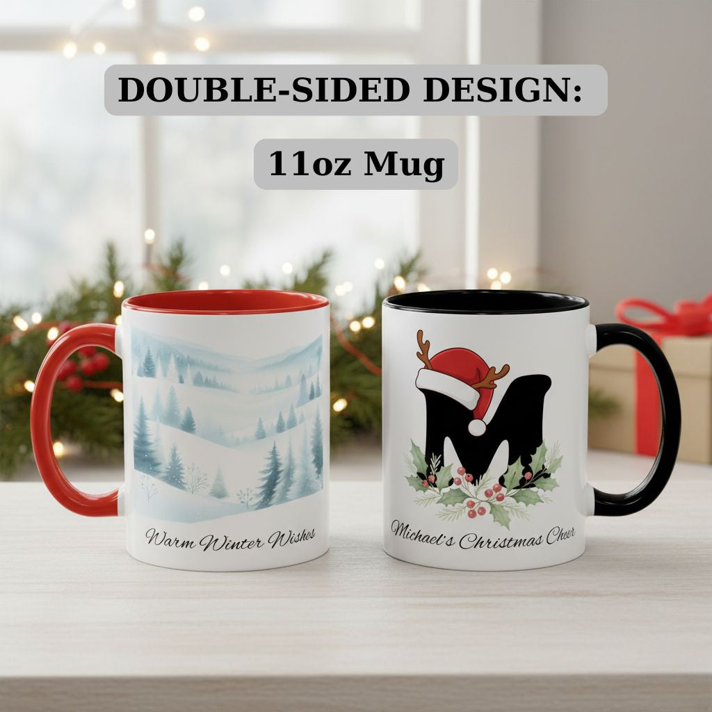 Christmas mug showing both sides: winter landscape artwork on one side and personalized festive initial on the other.