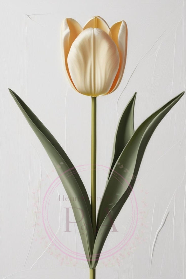 Artistic composition of three tulips in soft tones and a neutral background.