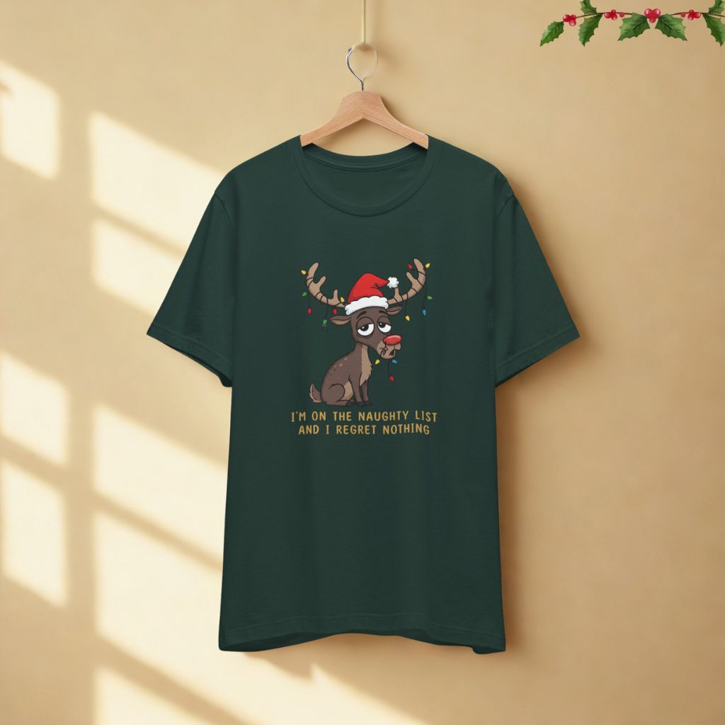 I’m on the Naughty List and I Regret Nothing funny Christmas t-shirt in forest color displayed on hanger against neutral background.