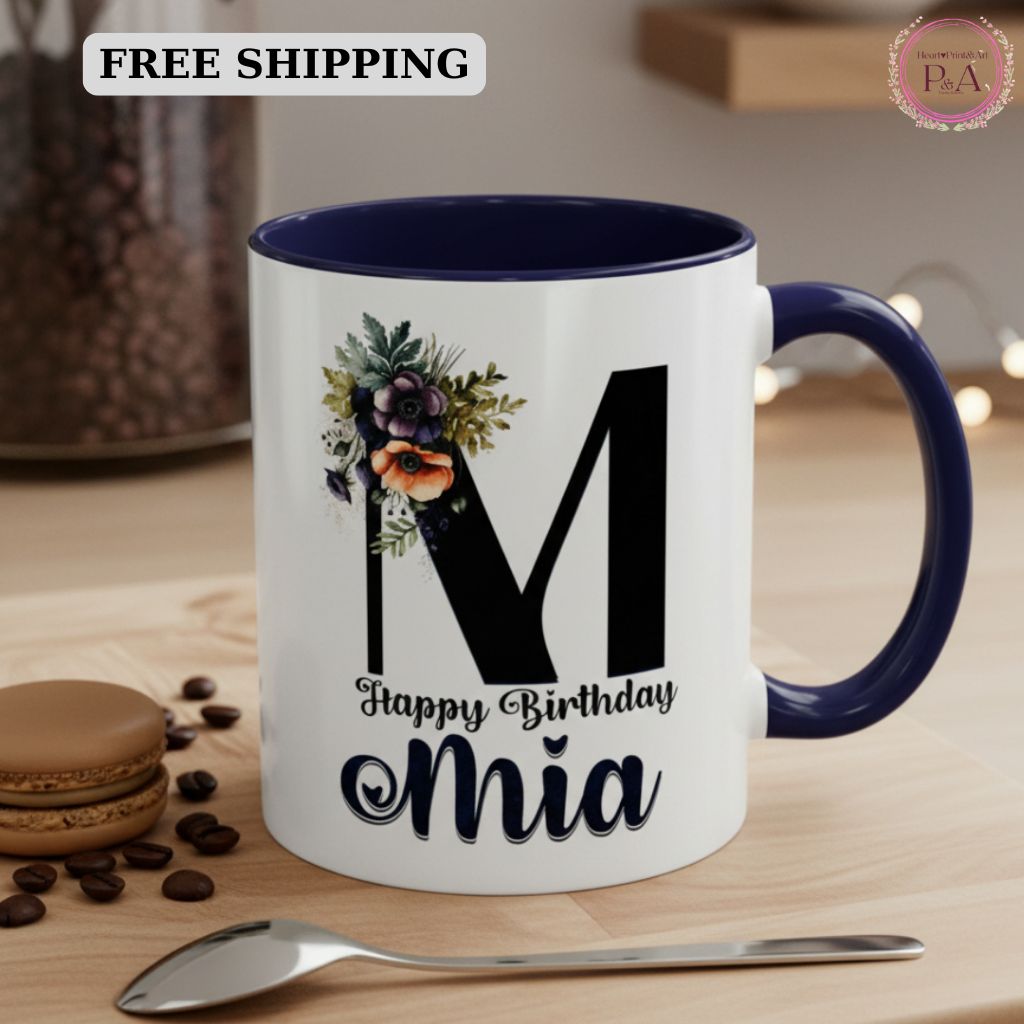 Custom 11oz coffee mug with personalized name in floral design