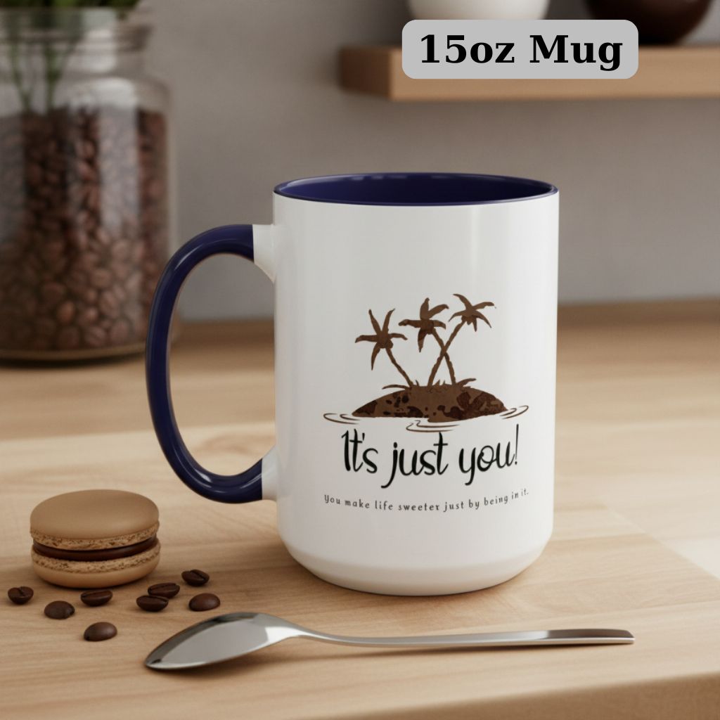 Large 15oz ceramic mug with palm tree print and “It’s Just You” lettering