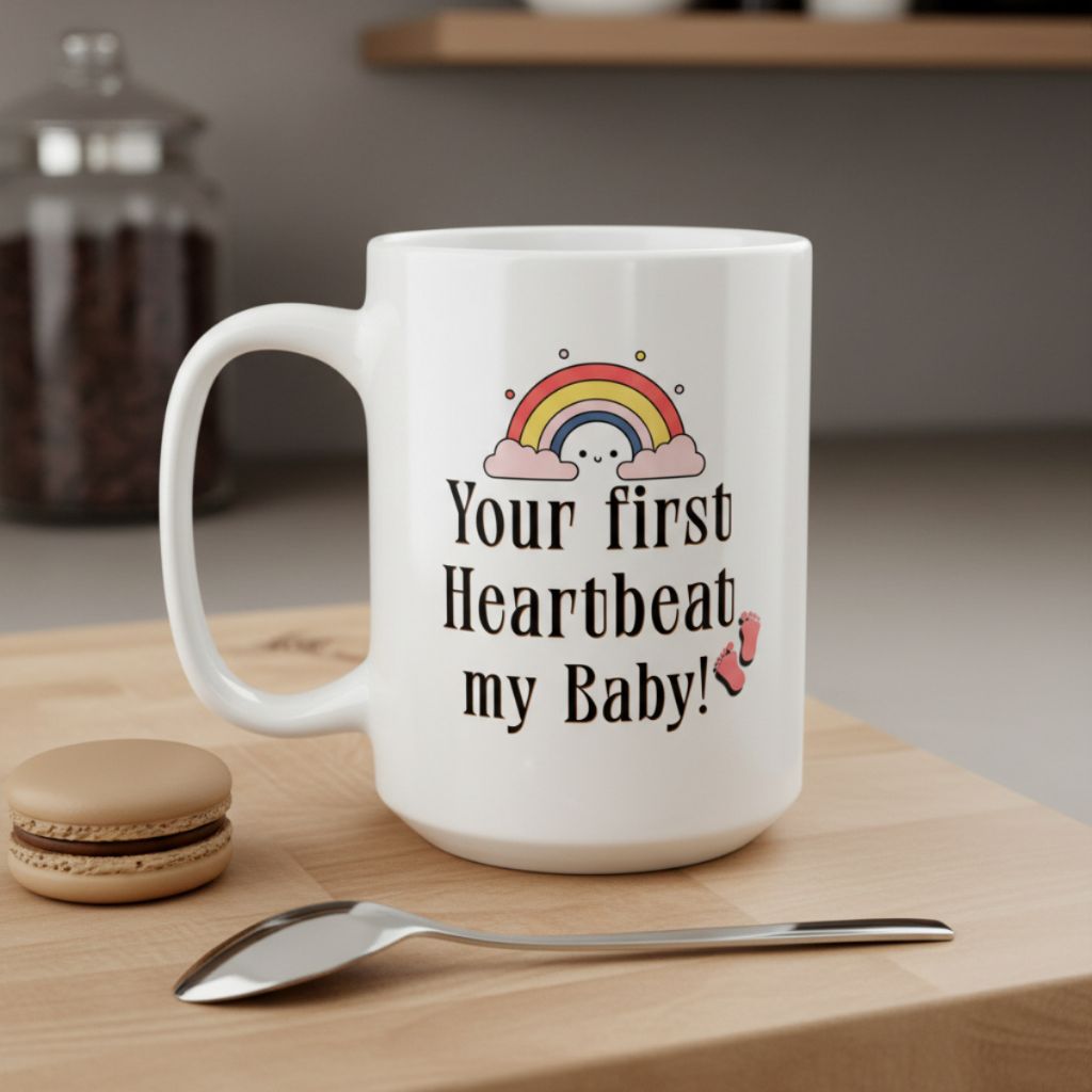 Mug mockup with the phrase "Your first heartbeat, my baby!" and a rainbow, ideal for gifting to new moms or dads. 15oz Mug.