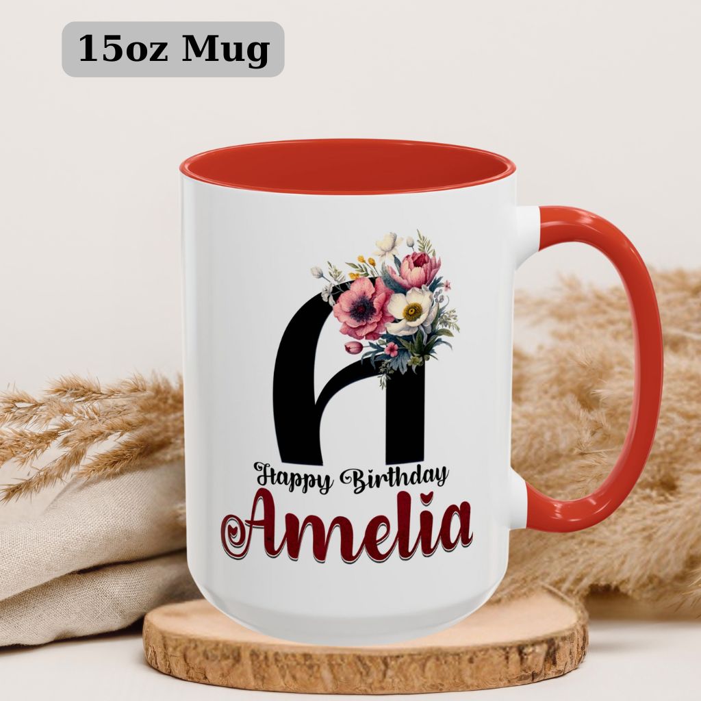 Custom 15oz coffee mug with personalized name in elegant floral style