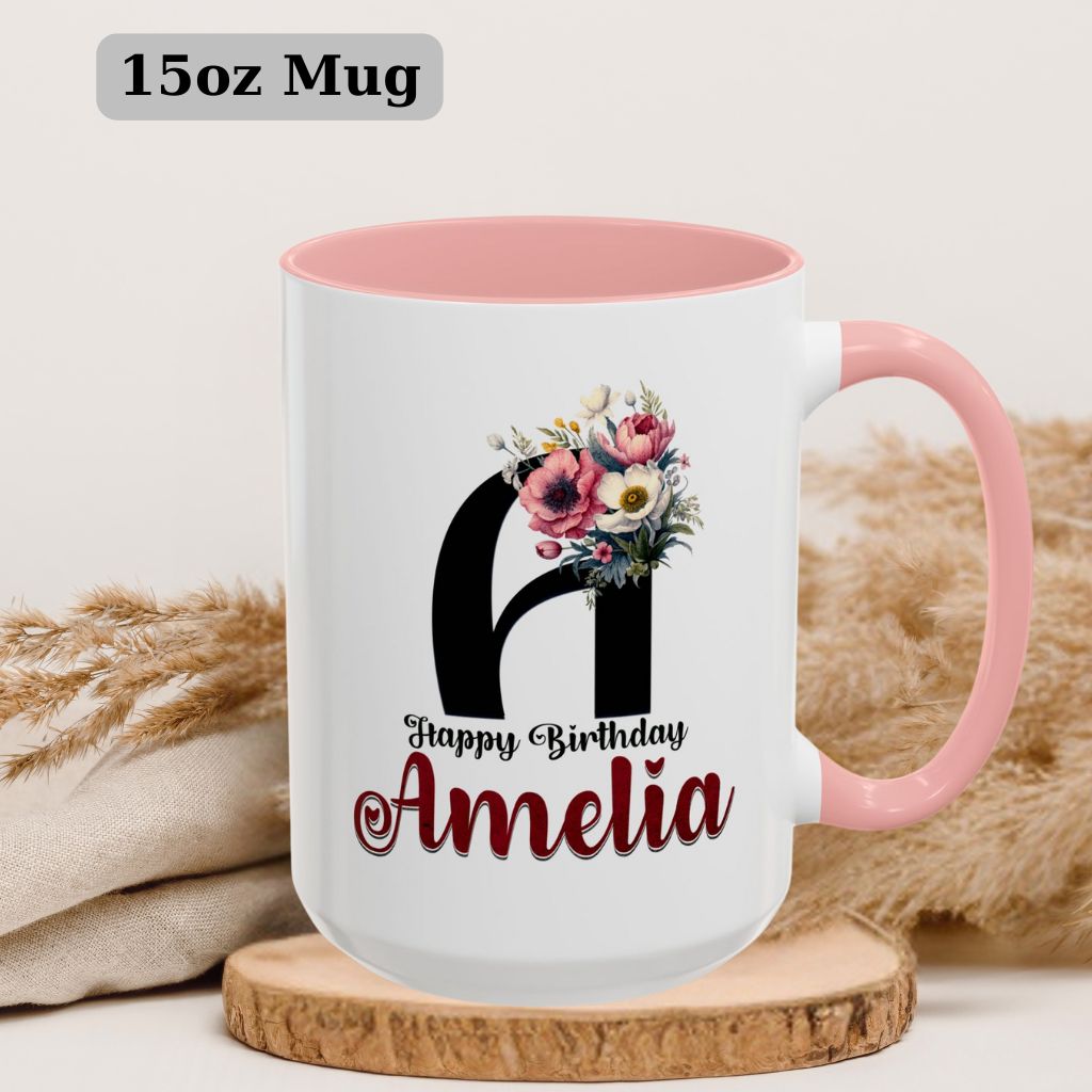 Custom 15oz coffee mug with personalized name in elegant floral style