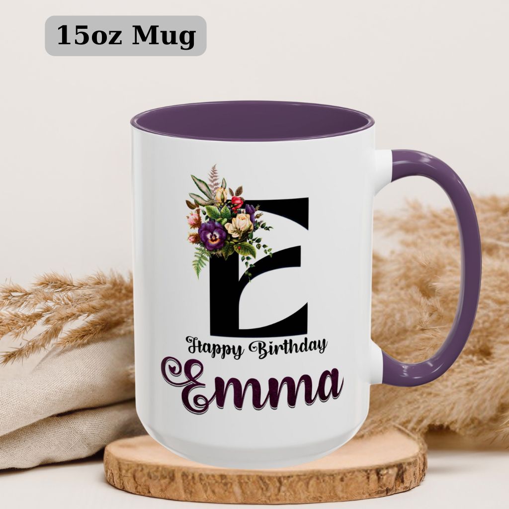 Custom 15oz coffee mug with personalized name in elegant floral style