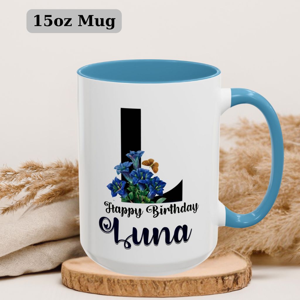 Custom 15oz coffee mug with personalized name in elegant floral style