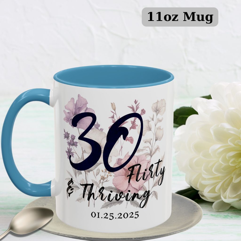 Elegant 30th birthday coffee cup, 11oz ceramic floral gift for her