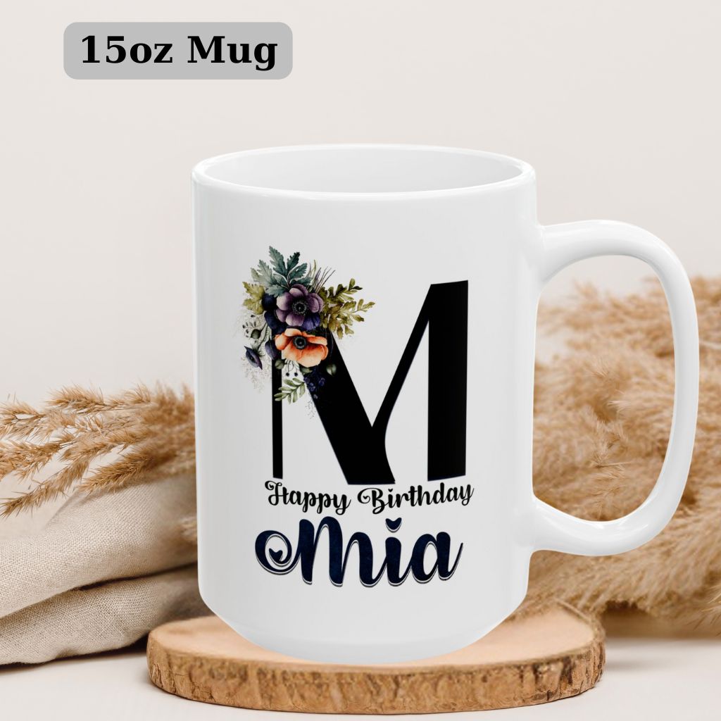 Custom 15oz coffee mug with personalized name in elegant floral style