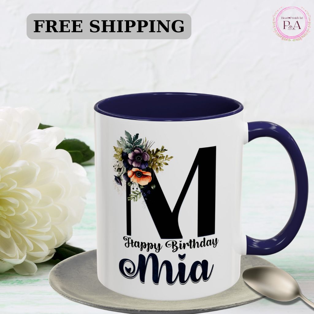 Custom 11oz coffee mug with personalized name in floral design