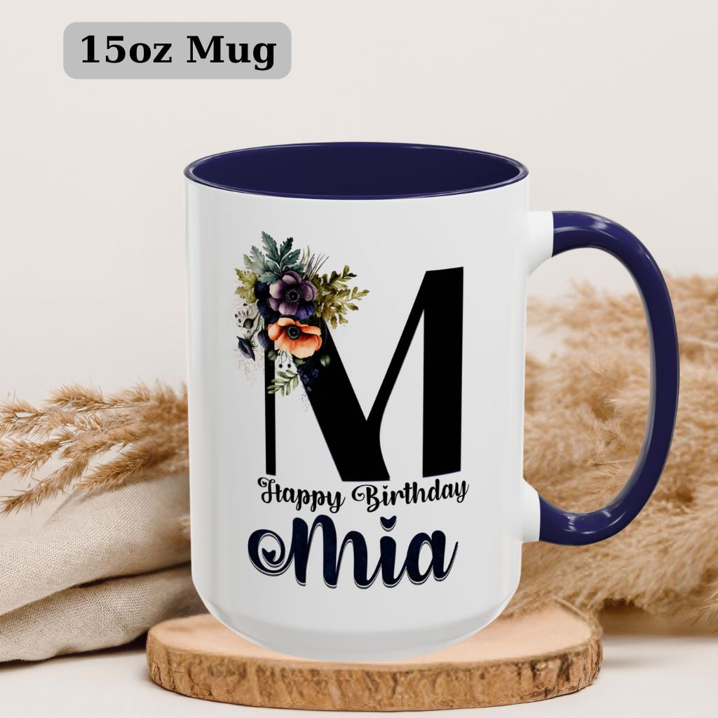 Custom 15oz coffee mug with personalized name in elegant floral style