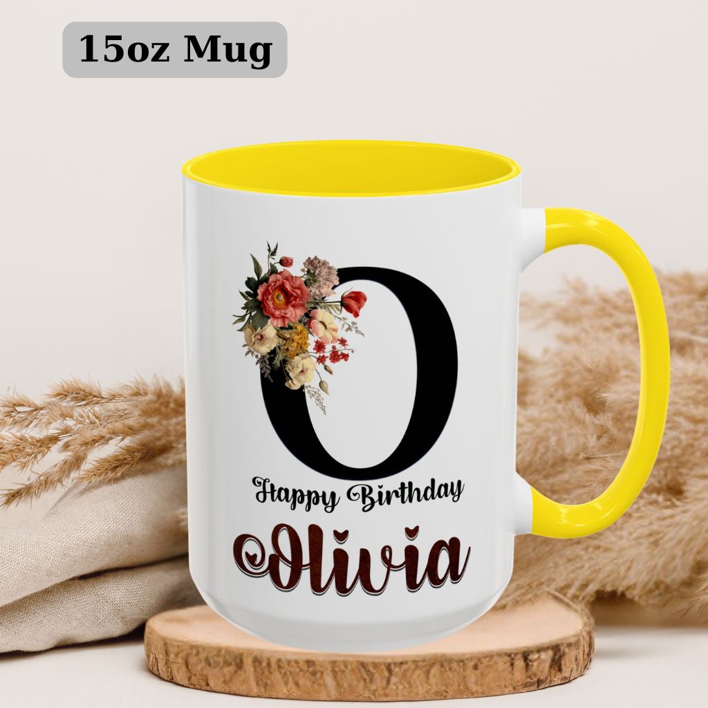 Custom 15oz coffee mug with personalized name in elegant floral style
