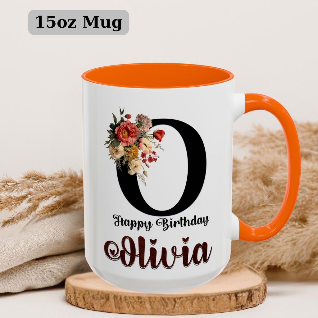 Custom 15oz coffee mug with personalized name in elegant floral style