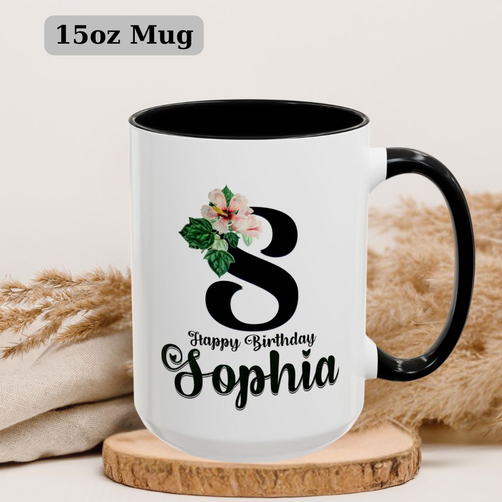 Custom 15oz coffee mug with personalized name in elegant floral style