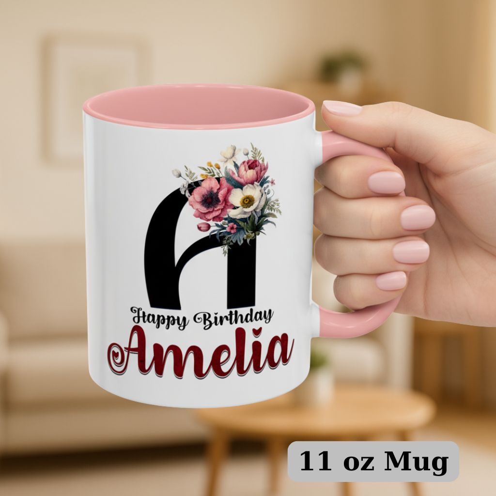 Floral custom name mug, 11oz coffee cup perfect for special occasions