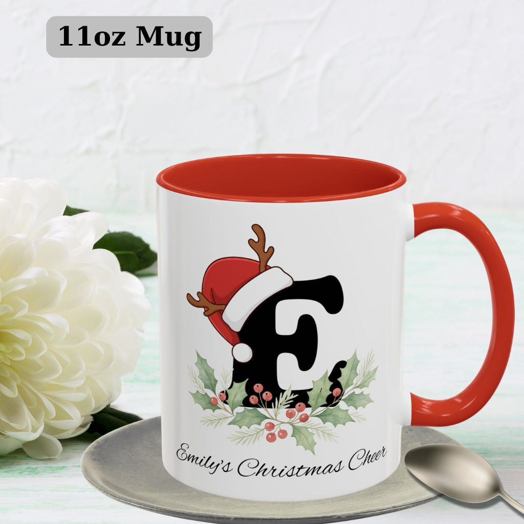 Red-accent 11oz ceramic mug with winter scene and custom holiday letter.