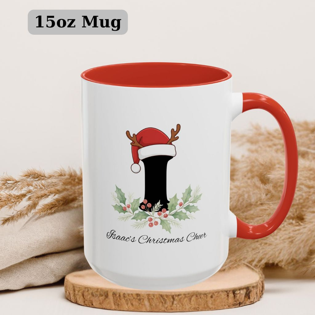Oversized holiday mug 15oz showing snowy forest artwork and festive initial.