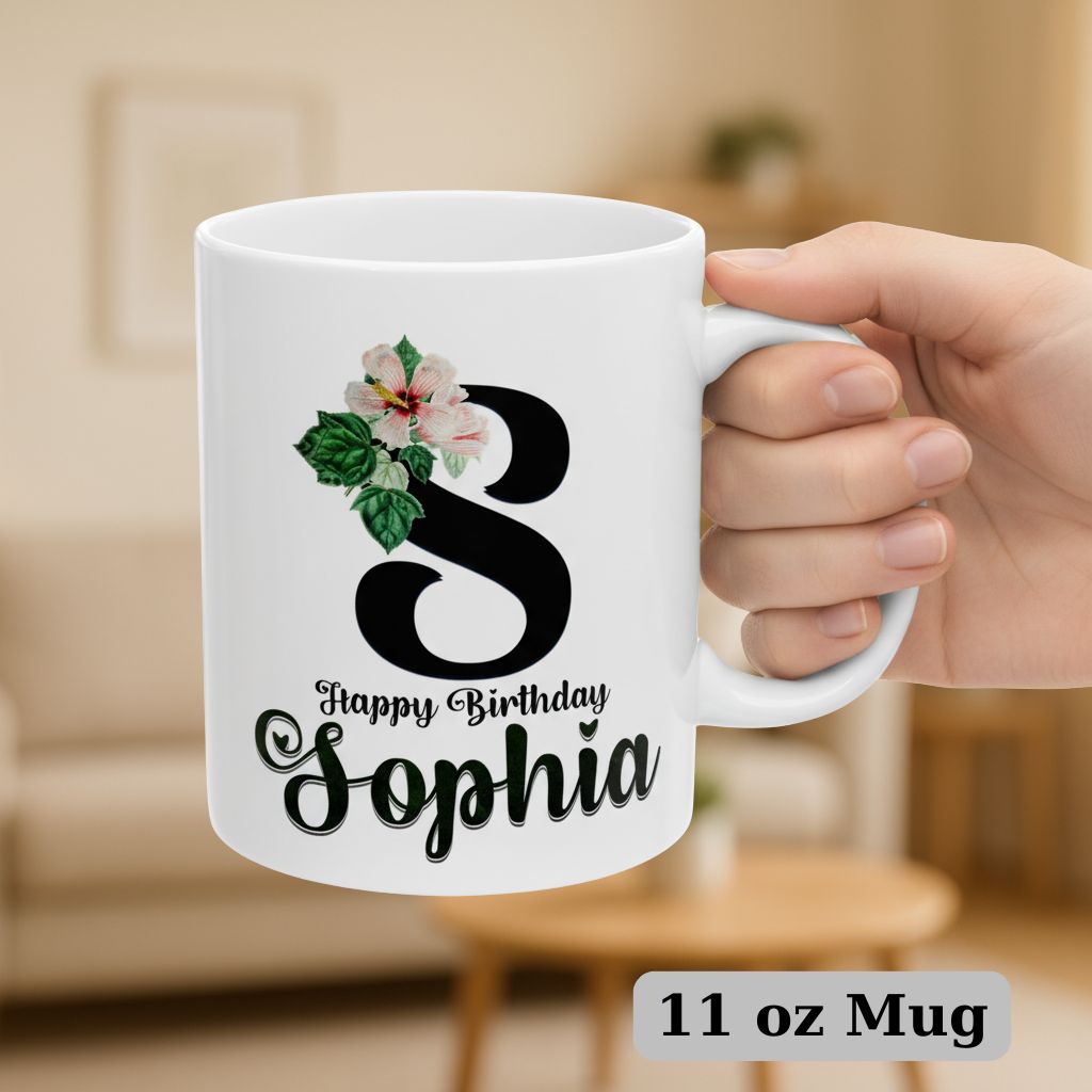 Floral custom name mug, 11oz coffee cup perfect for special occasions