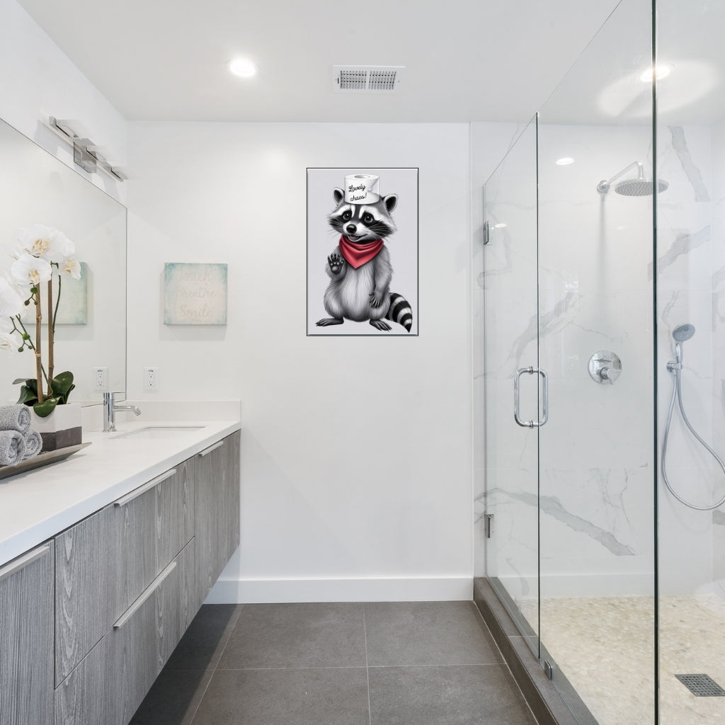 Printable digital bathroom wall art - raccoon illustration with toilet paper hat