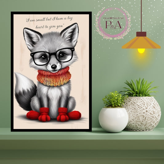 A cute baby fox wearing glasses and a colorful knitted scarf, paired with a heartwarming quote about having a big heart.