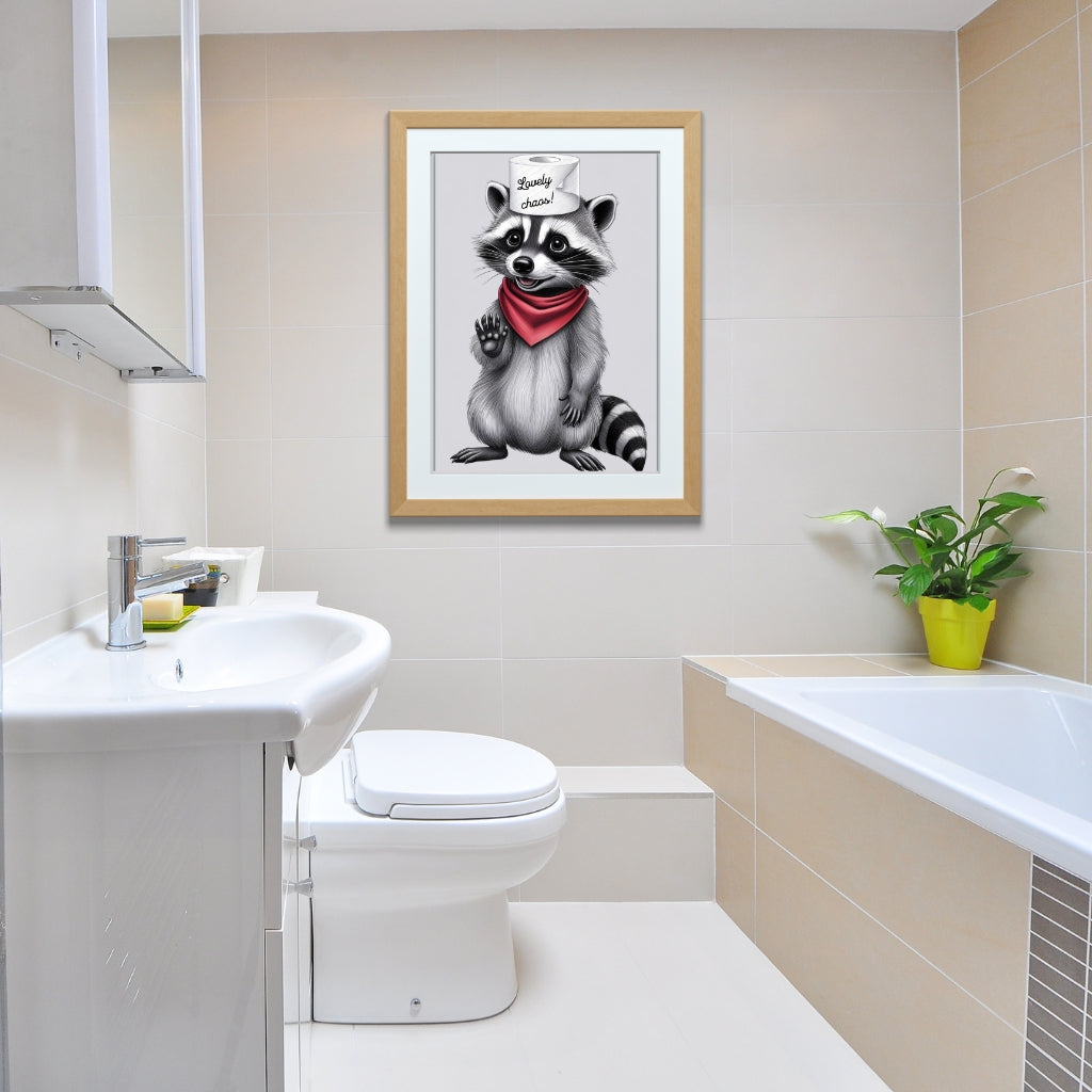 Printable digital bathroom wall art - raccoon illustration with toilet paper hat