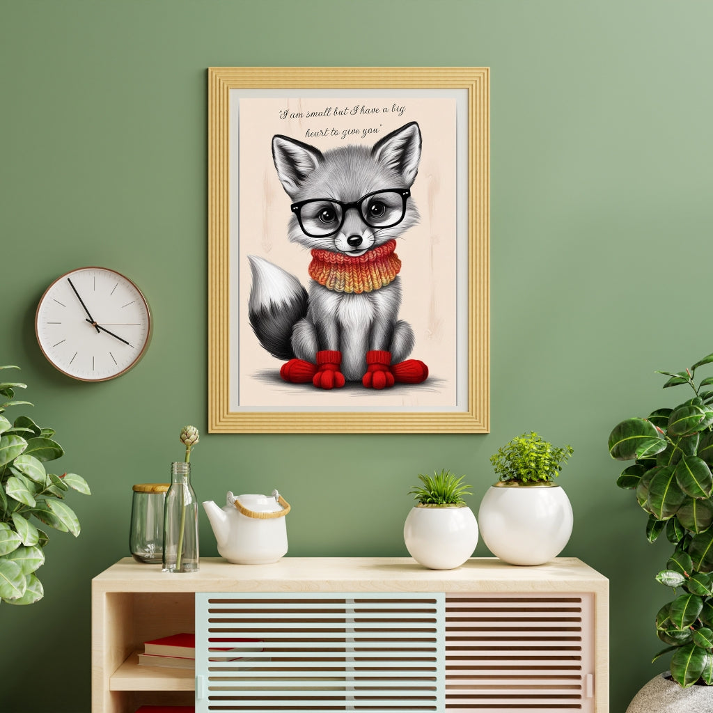 A cute baby fox wearing glasses and a colorful knitted scarf, paired with a heartwarming quote about having a big heart.