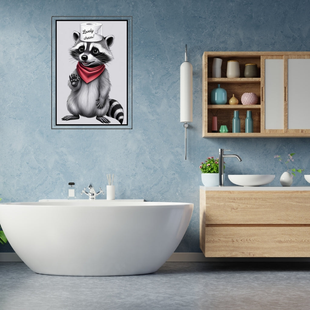 Printable digital bathroom wall art - raccoon illustration with toilet paper hat